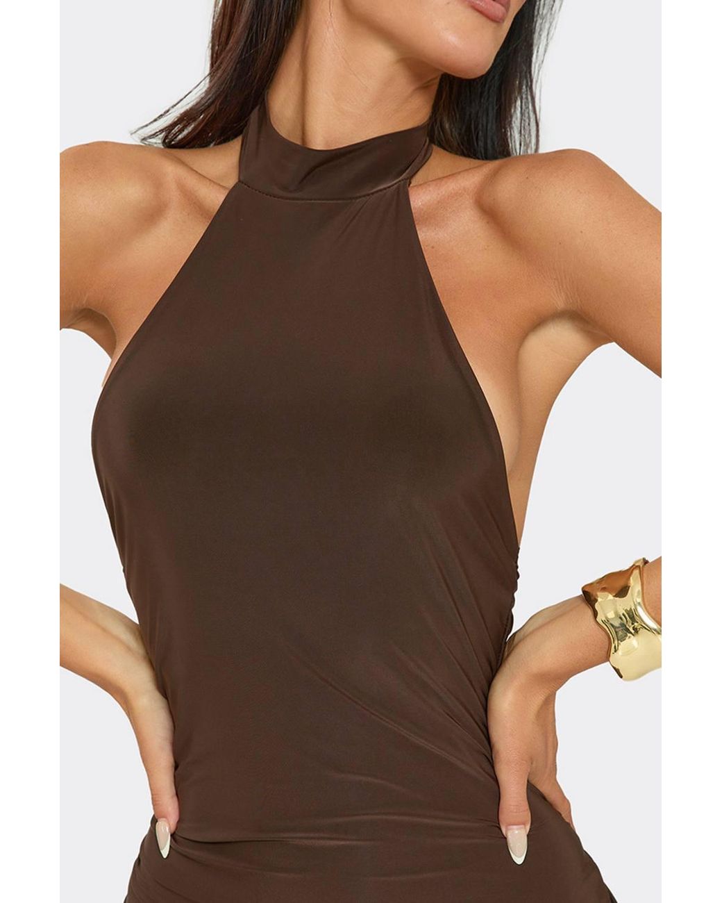EGO Brown Body Contouring Sleeveless Open Back Slinky Mini Dress