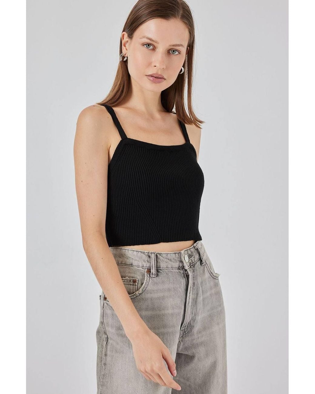 Bigdart Black Square Collar Ribbed Knit Crop Top