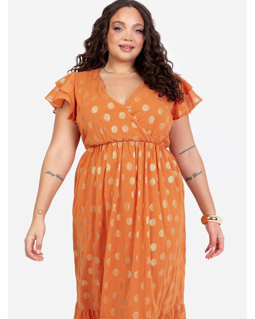 Lovedrobe Orange V Neck & Flutter Sleeve Metallic Midi Dress