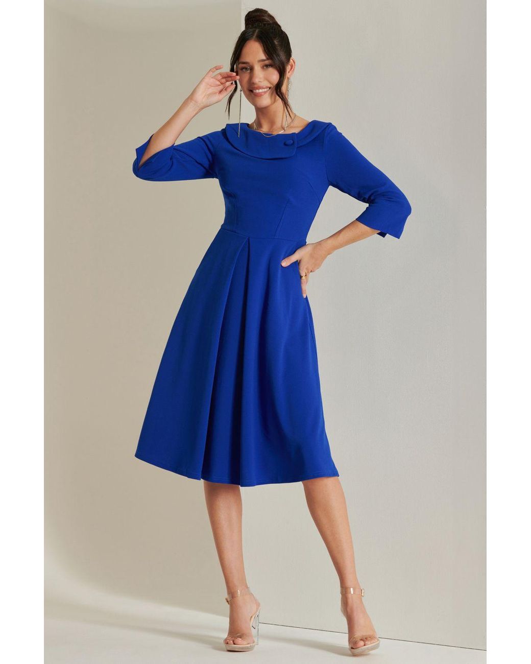 Jolie Moi Blue Fold Neckline Sleeved Midi Dress