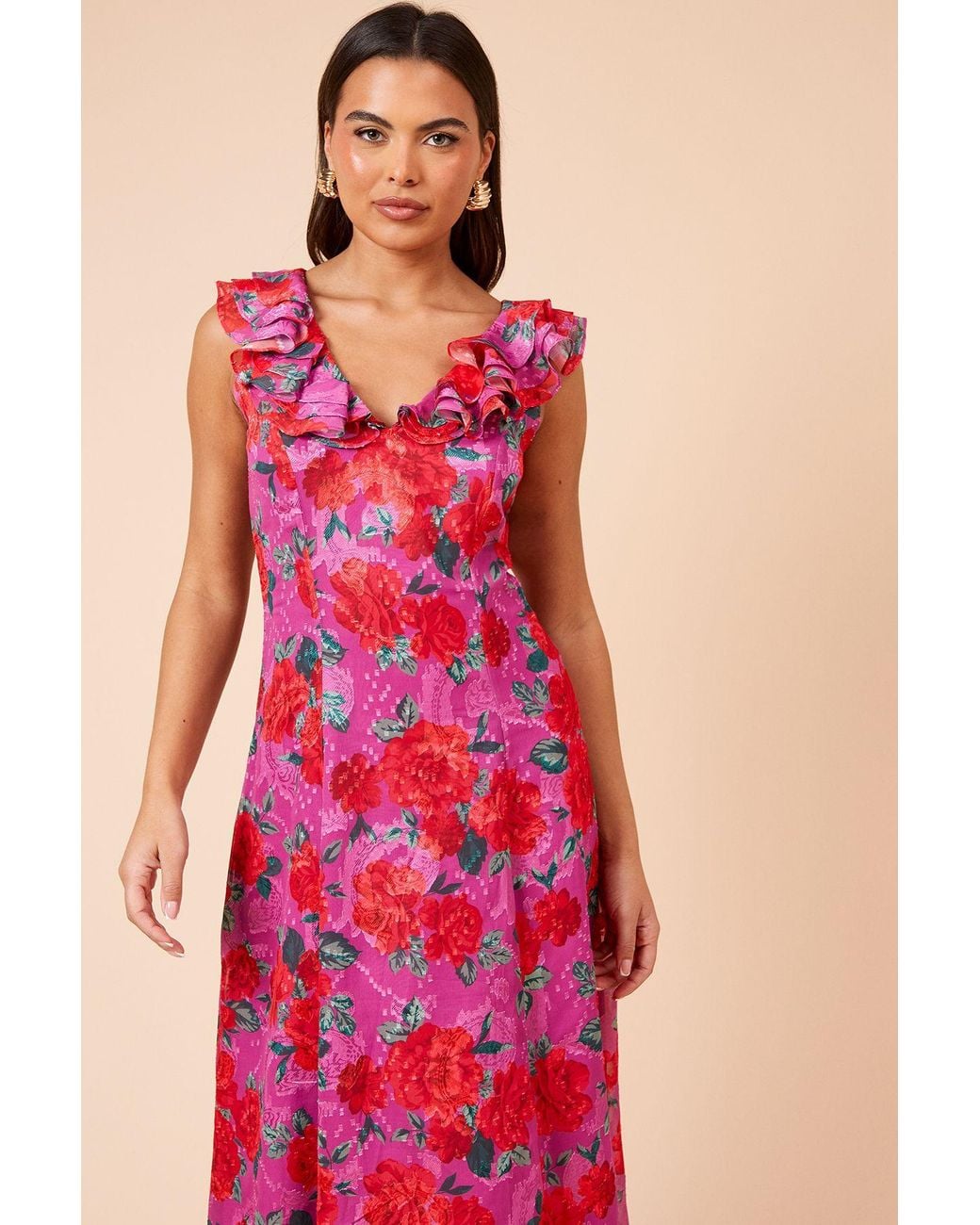 Dorothy Perkins Red Dp Luxe Printed Jacquard Chiffon Ruffle Front Sleeveless Midi Dress
