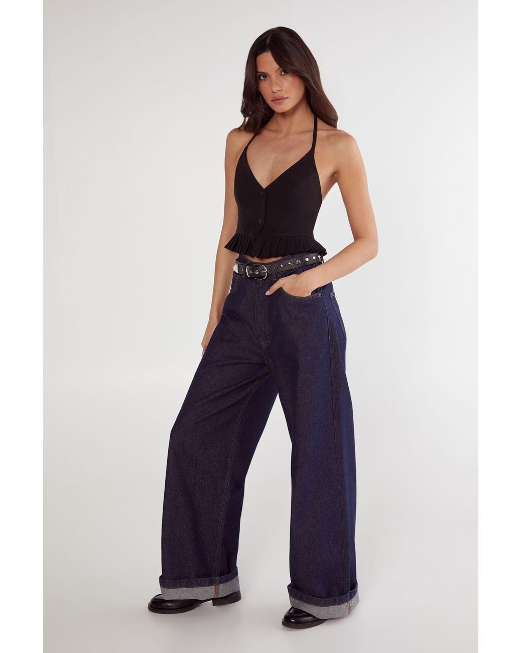 Nasty Gal Blue Pleated Hem Tailored Top