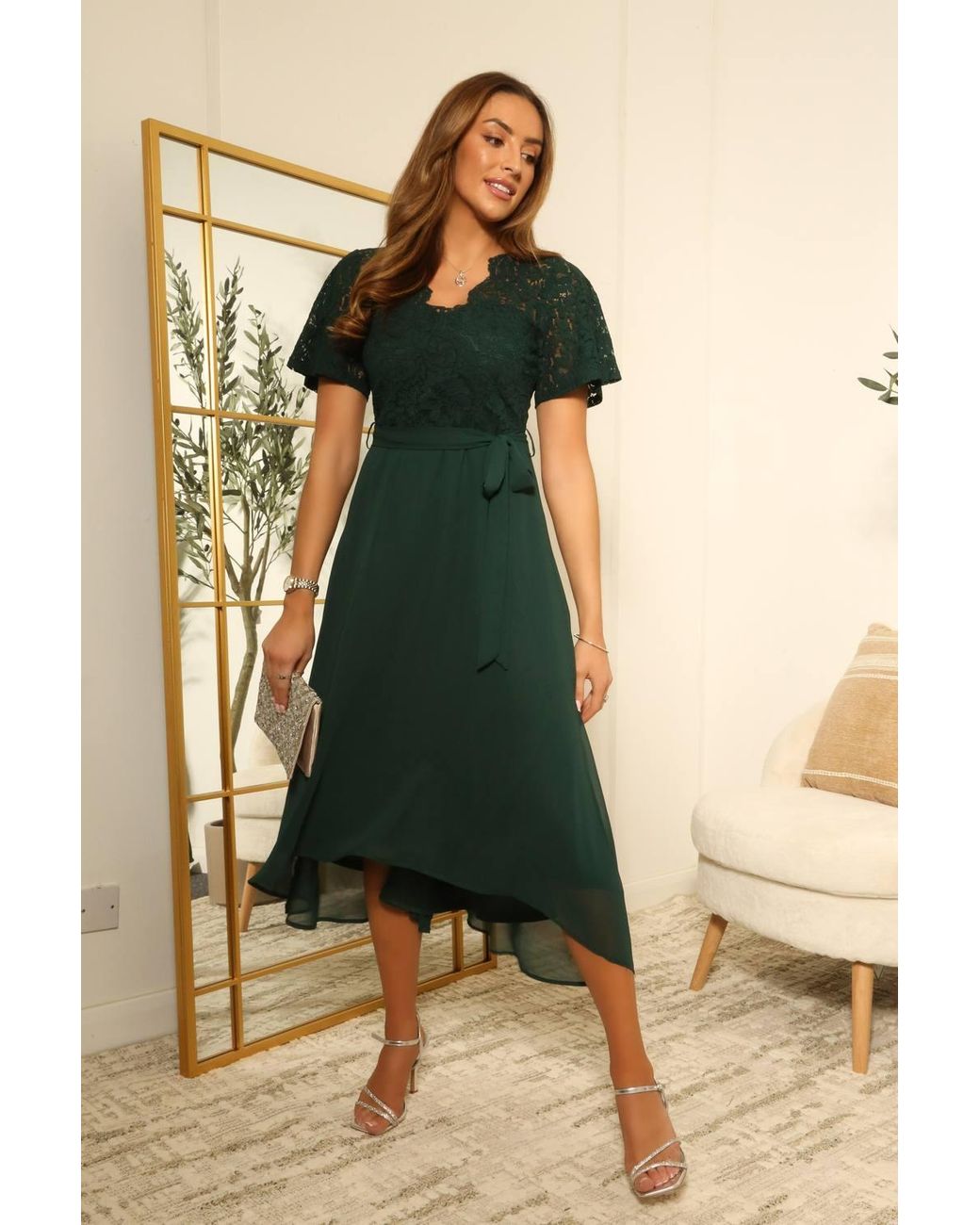 Double Second Green Lace Wrap Front High Low Hem Dress