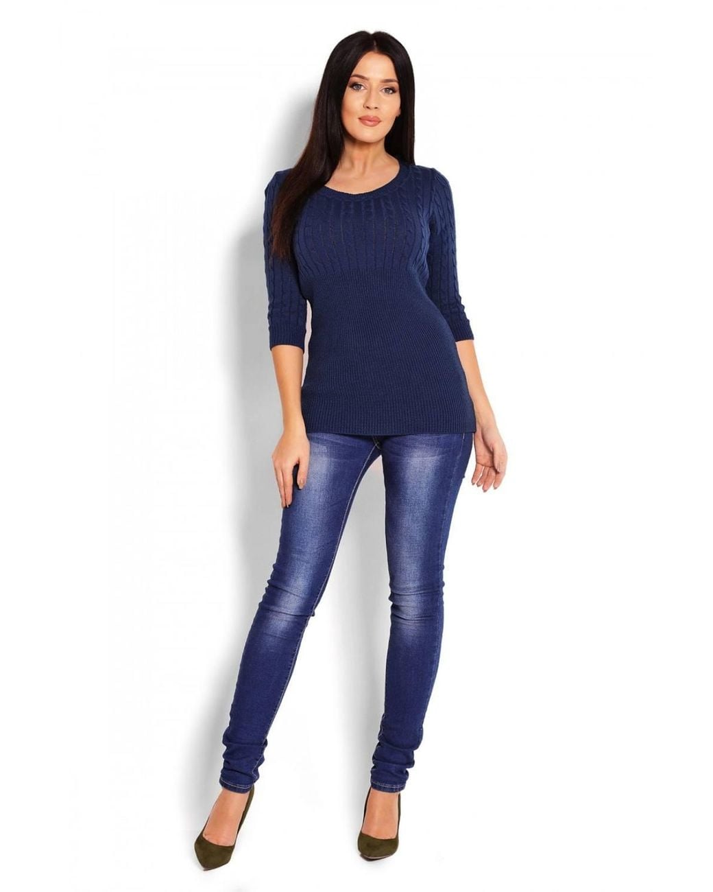 Love Lace Blue Delicate Braided Weave Round Neck Sweater
