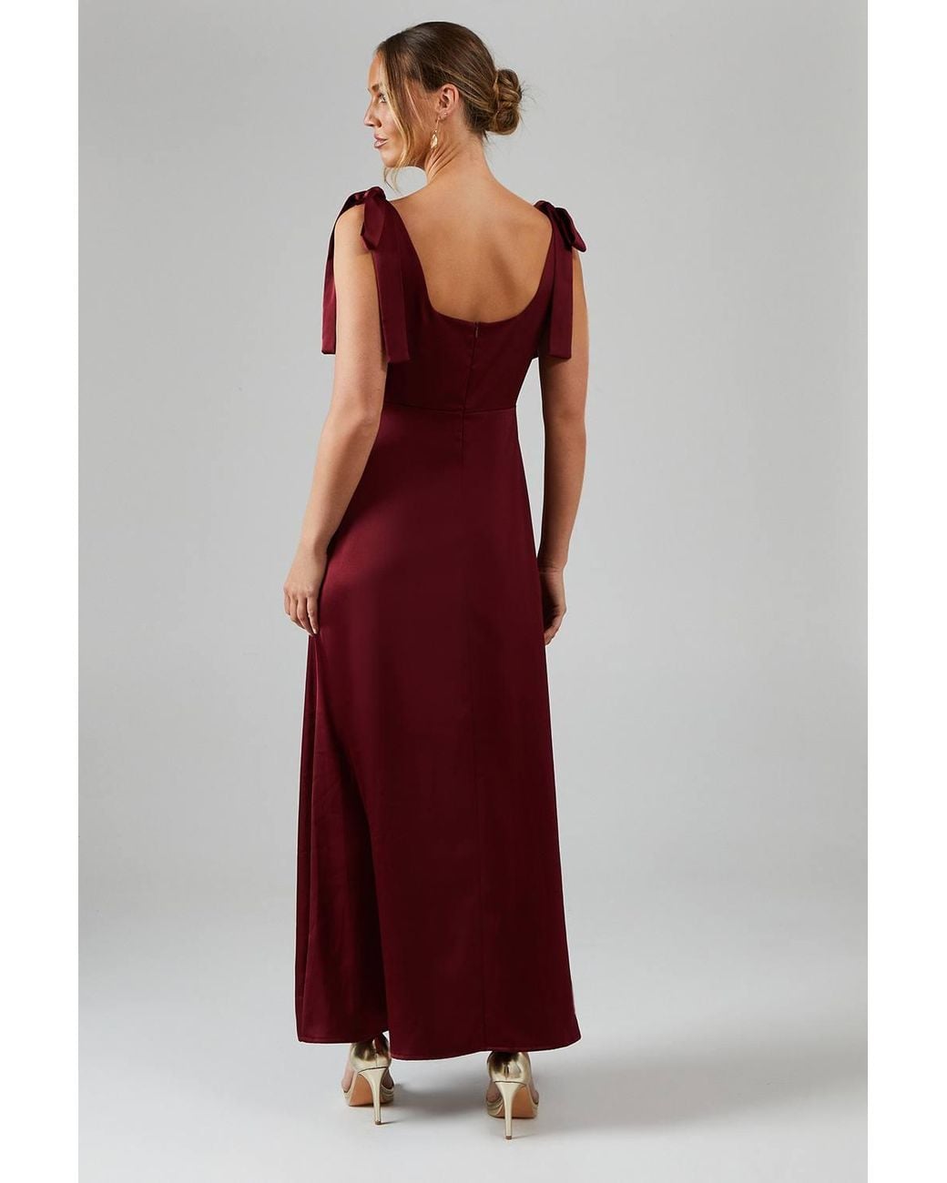 Oasis Red Satin Tie Shoulder Midi Bridesmaid Dress