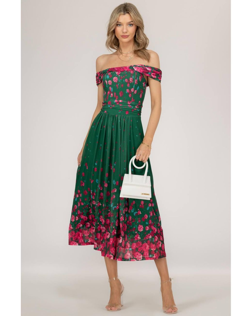 Jolie Moi Green Oliana Mesh Bardot Neckline Dress