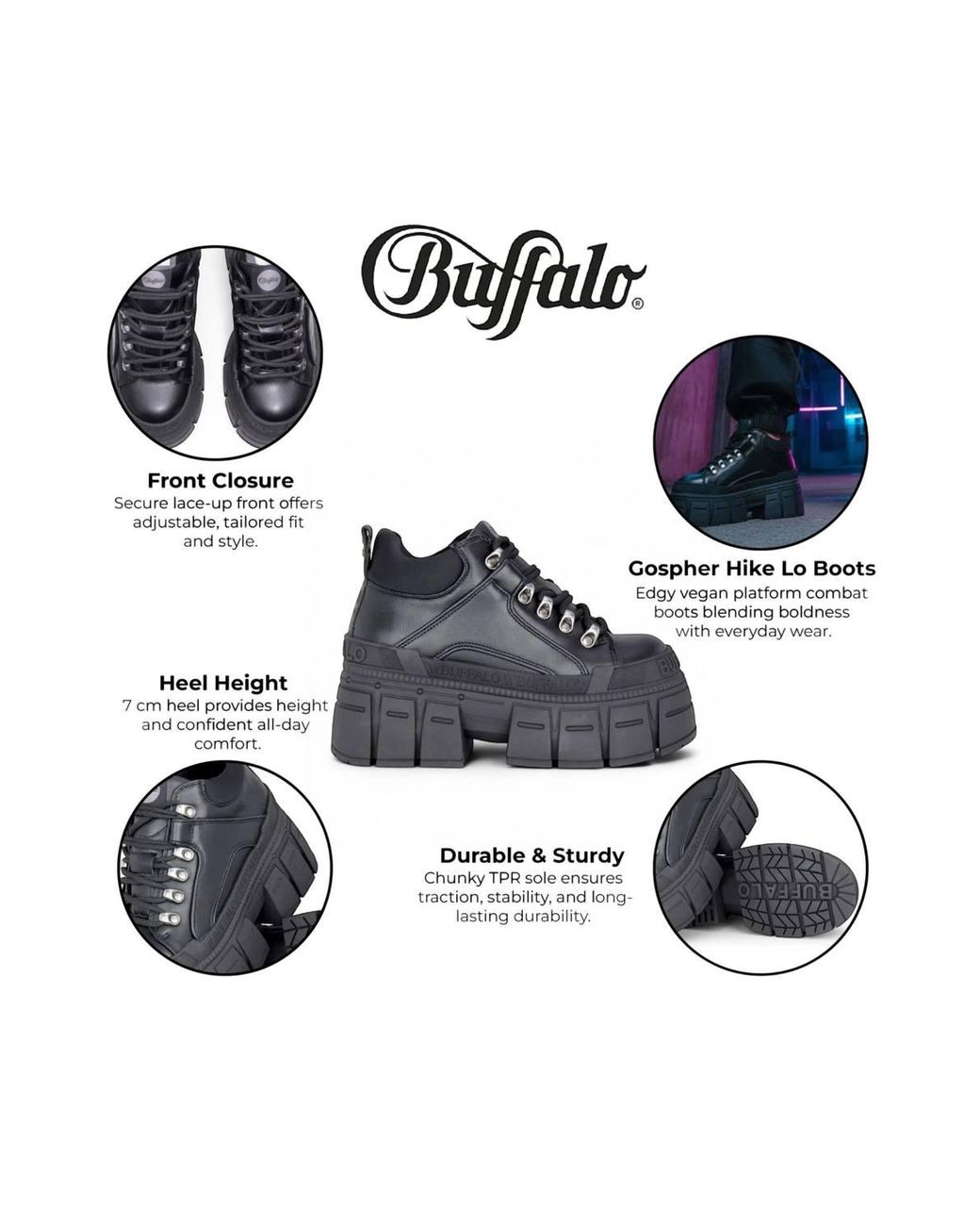 Infinity Leather Black Buffalo Chunky Platform Gothic Ankle Boots