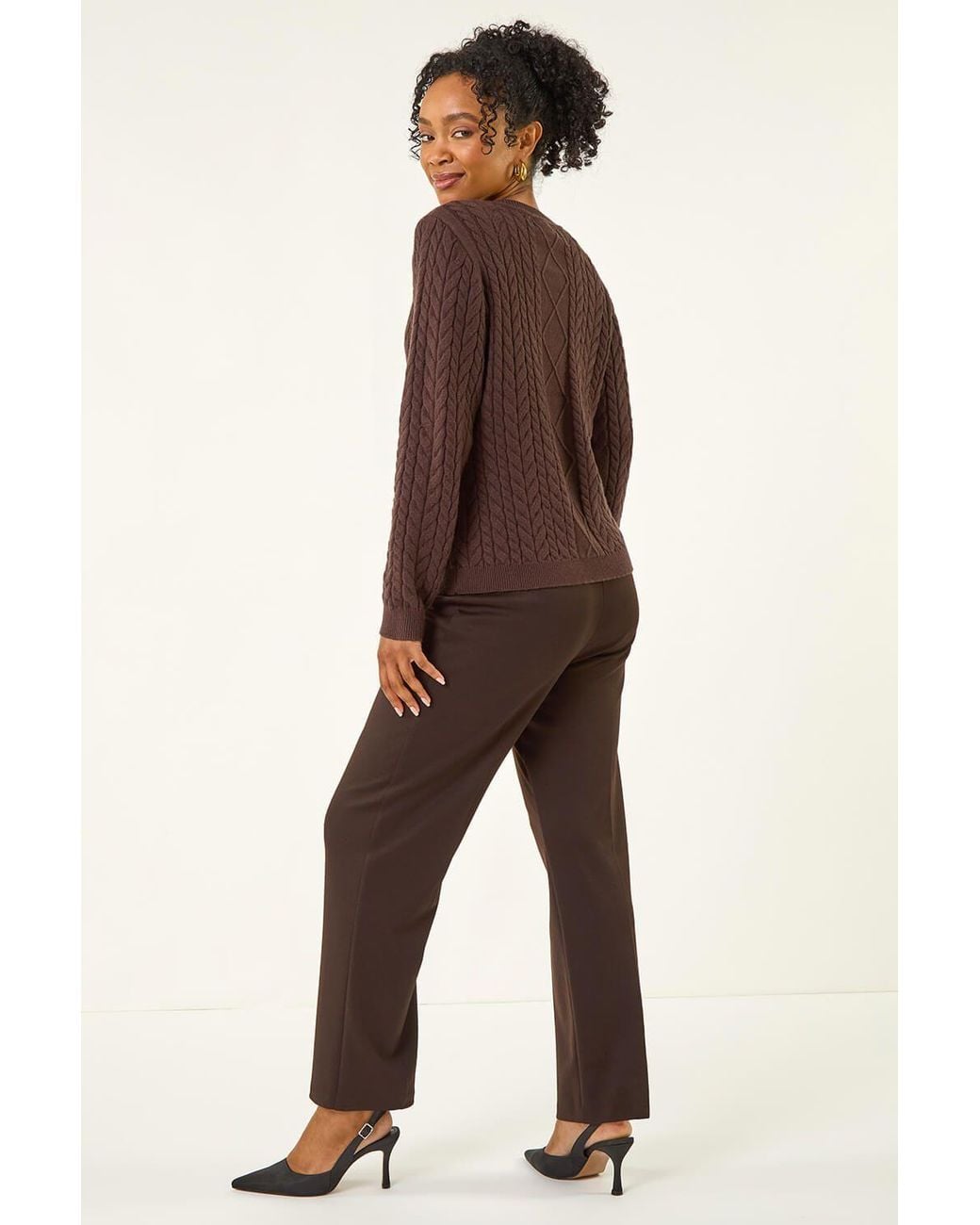 Roman Brown Petite Button Cable Knit Jumper