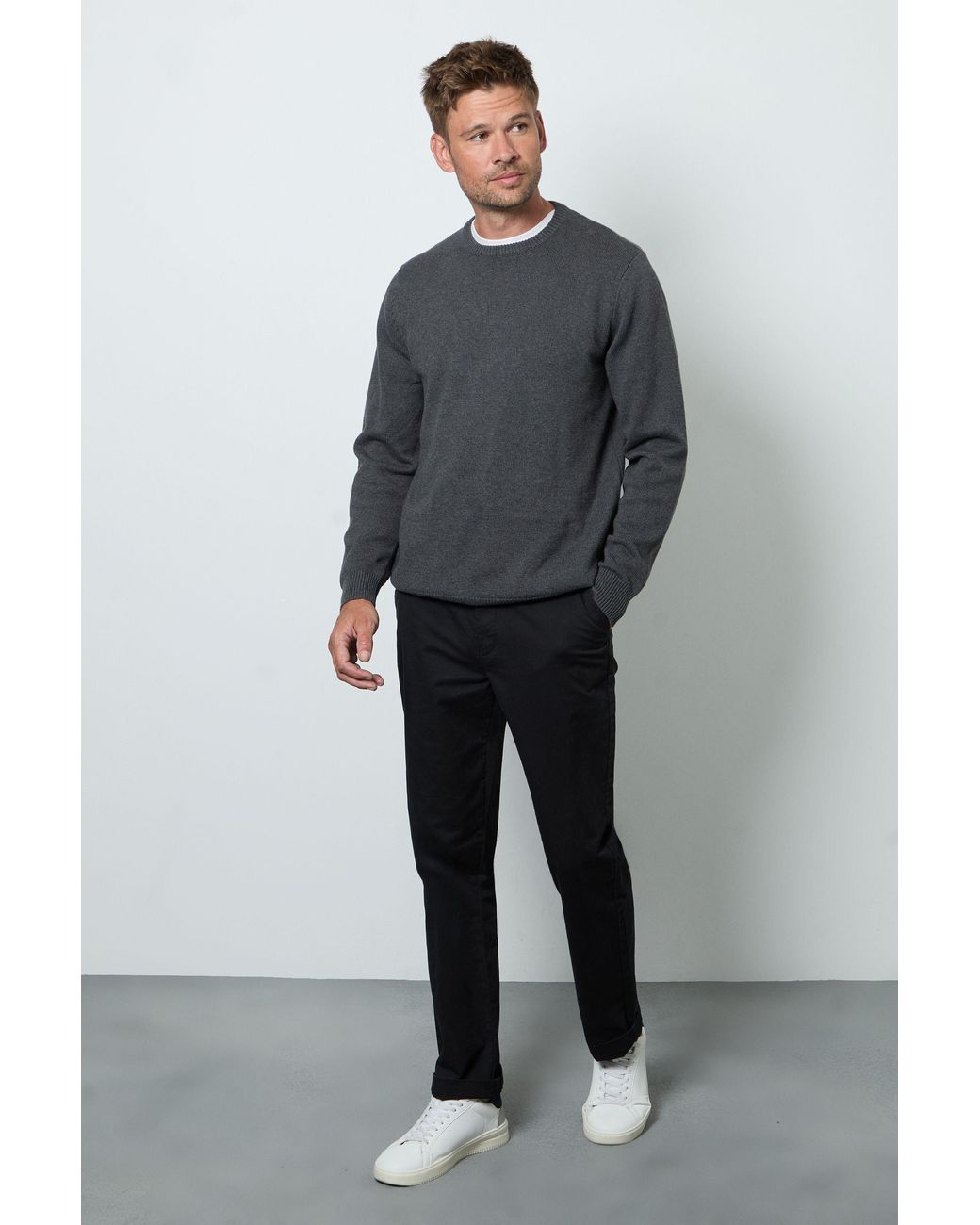MAINE Gray Premium Pure Cotton Crew Neck Jumper for men