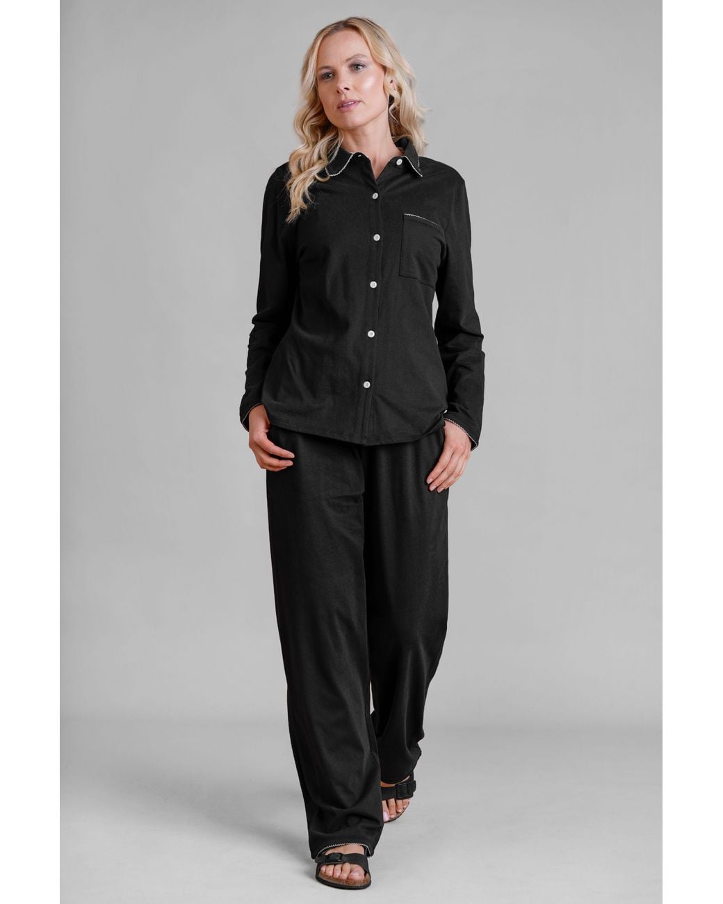 Enorsia Black Premium Cotton Long Sleeve Shirts & Pajama Set