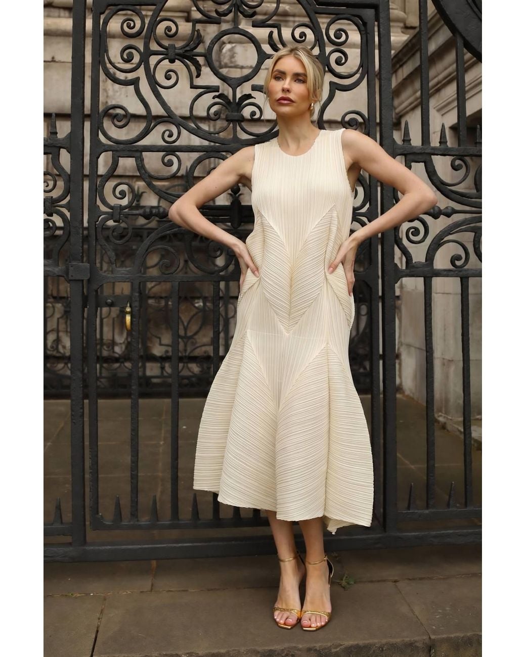 CY Black Sculptural Pleated Midi Dress With Structured Panels