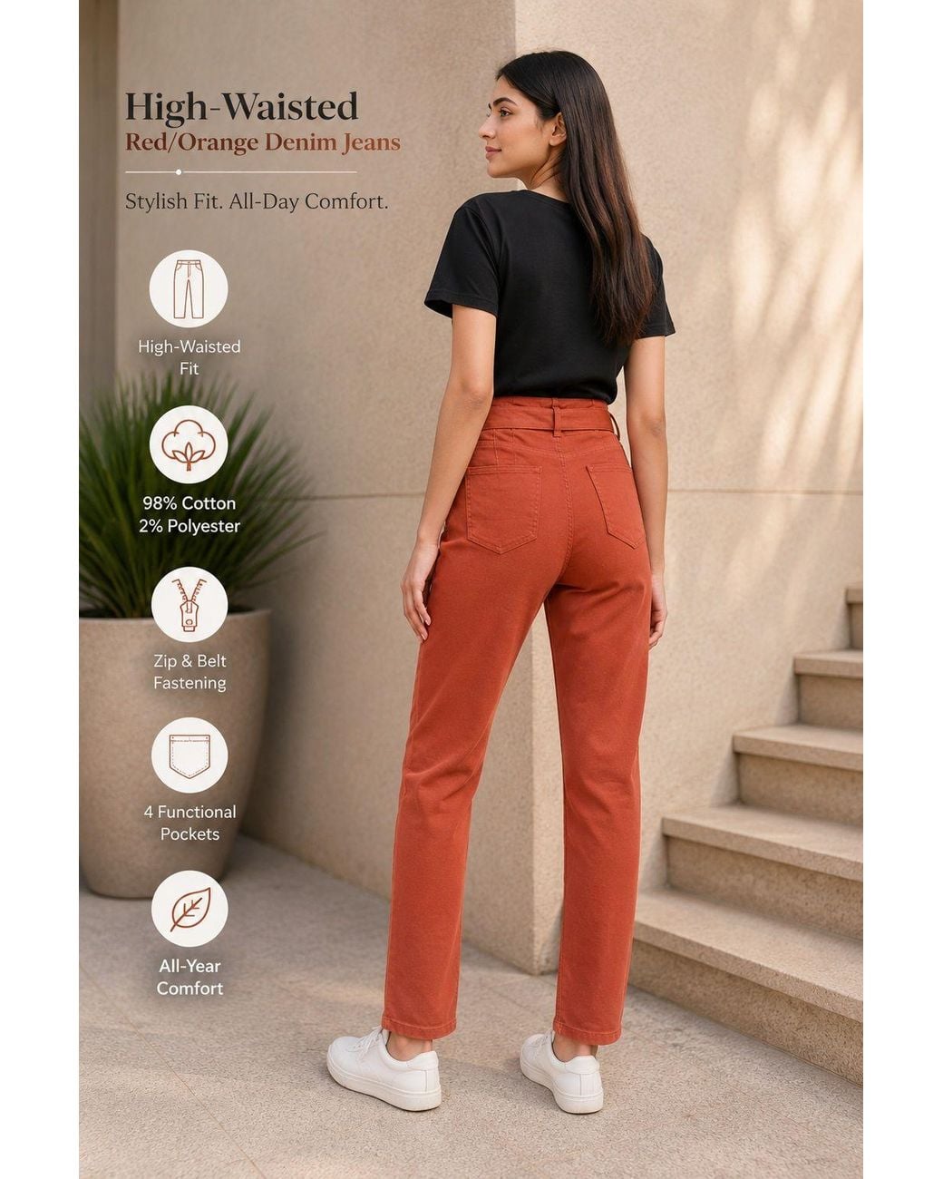 Smart Living Orange High-Waist Denim Jeans With Stylish Fit