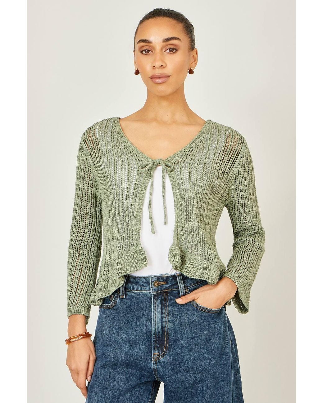 Yumi' Green Tie Front Pointelle Cardigan