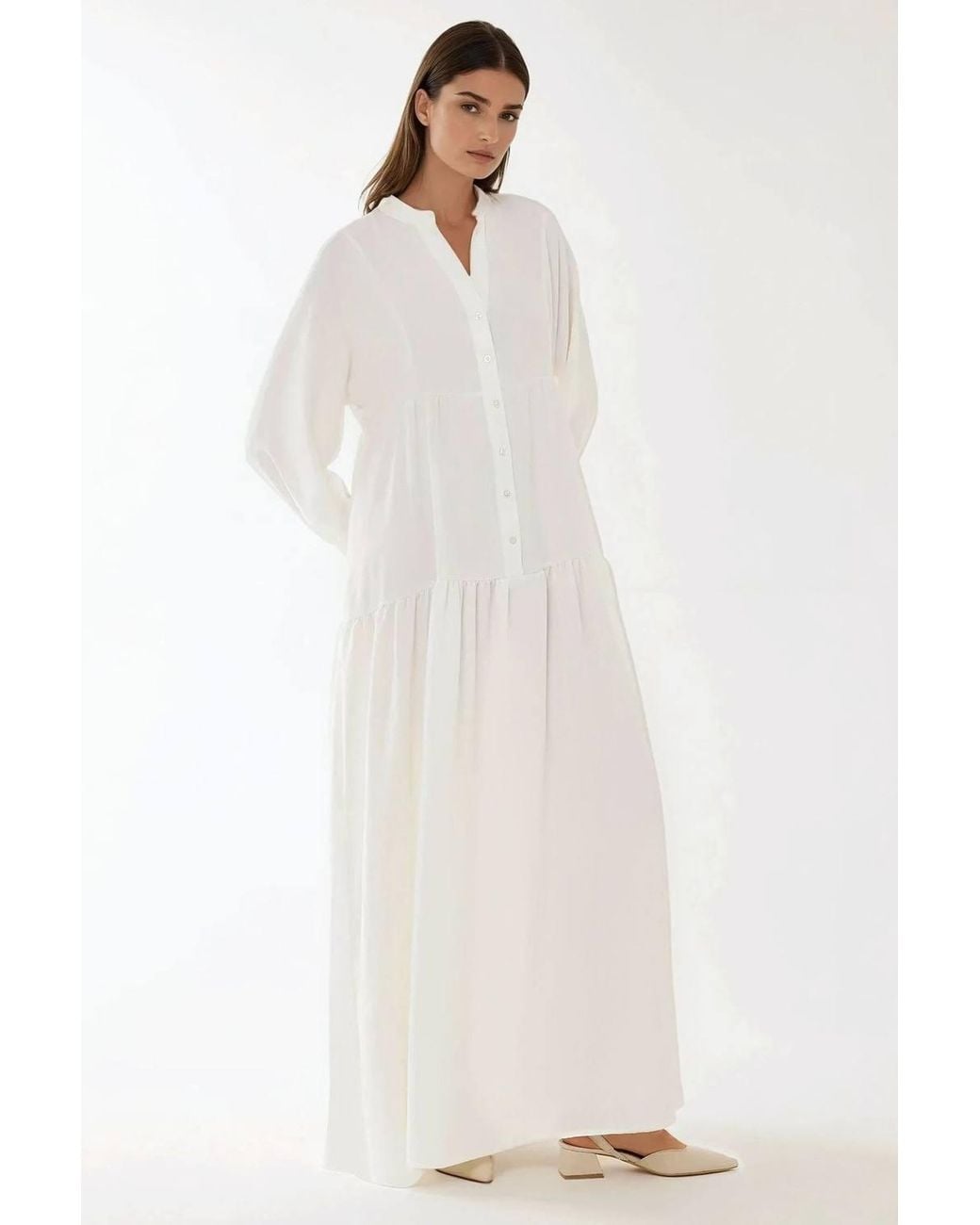 Hiccup White Textured V-Neck Maxi Dress With Button Detail