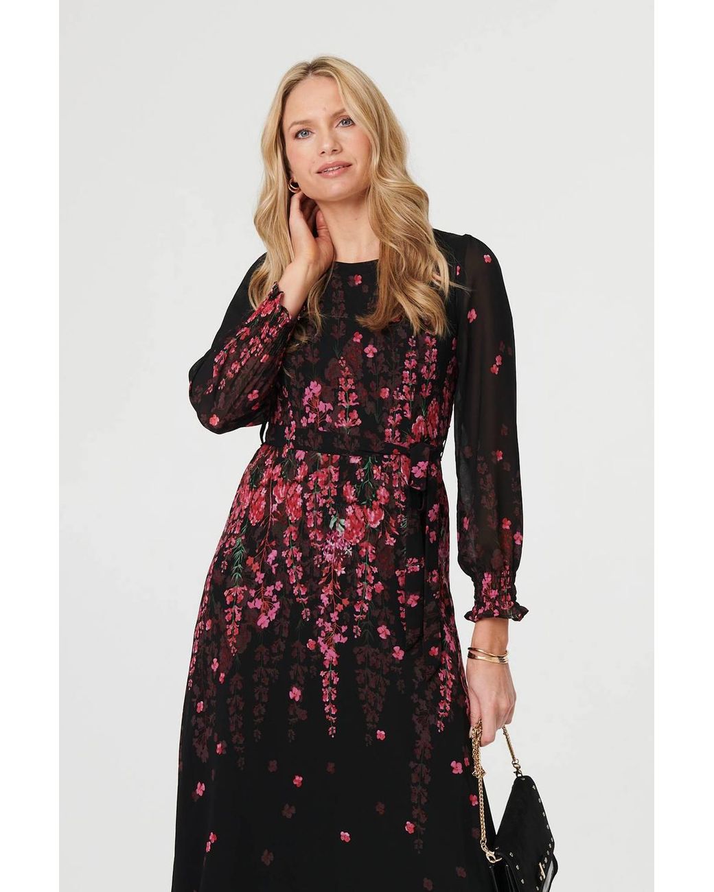 Izabel London Black Floral Tie Waist Sheer Layer Maxi Dress