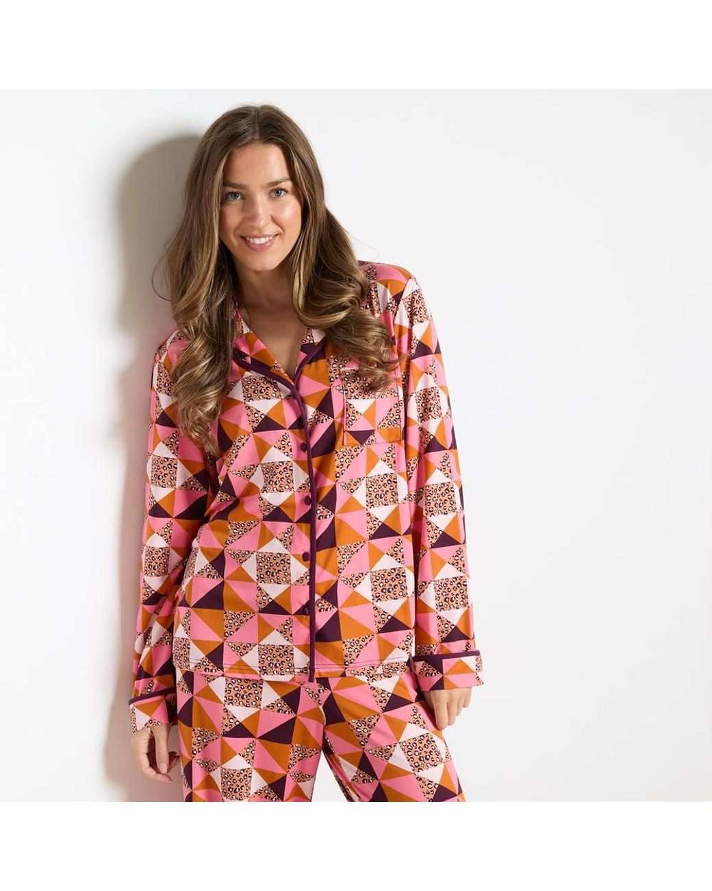 OHS Red Geo Print Piped Jersey Button Through Pyjama Set Nightwear