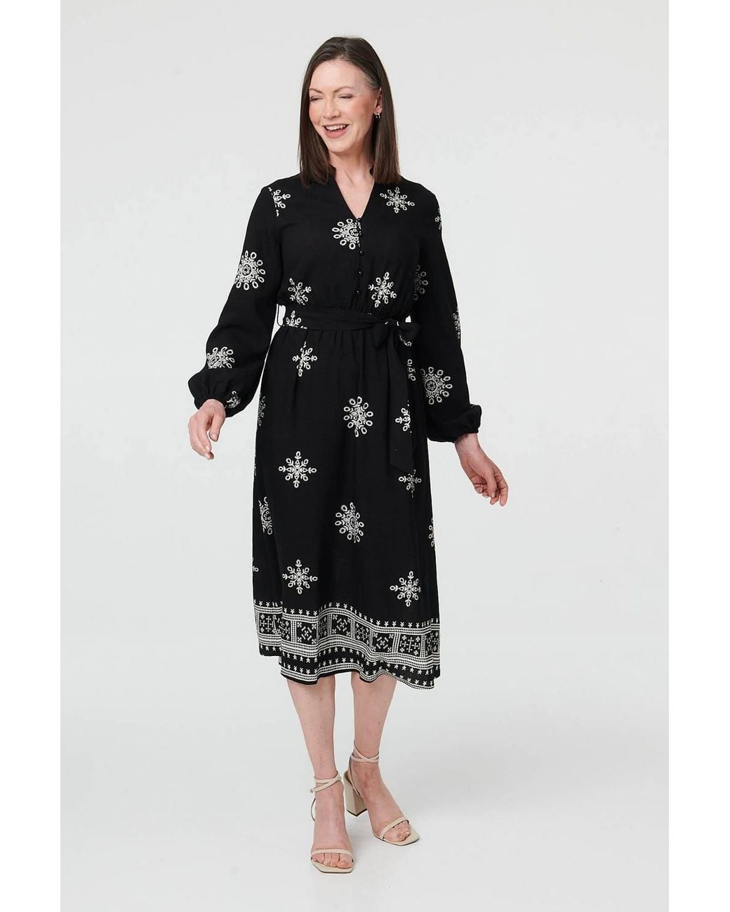 Izabel London Black Border Print Tie Waist Midi Wrap Dress