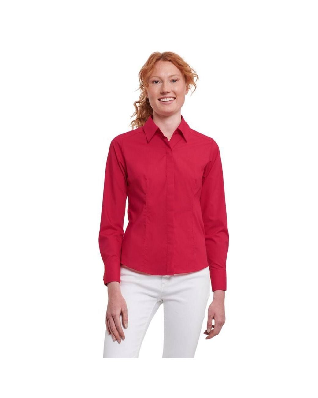 Russell Collection Red Poplin Fitted Long-Sleeved Shirt