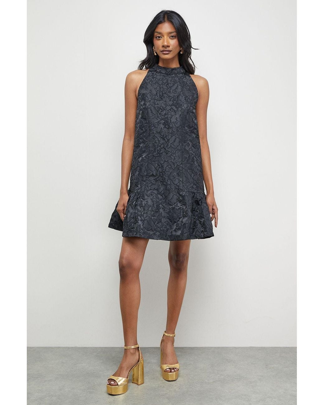 Warehouse Black Jacquard High Neck Drop Hem Mini Dress
