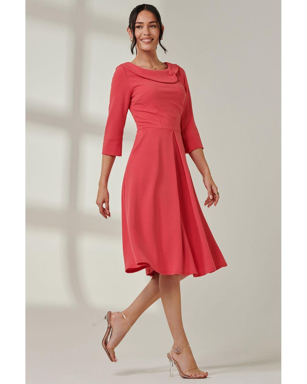 Jolie Moi Red Fold Neckline Sleeved Midi Dress