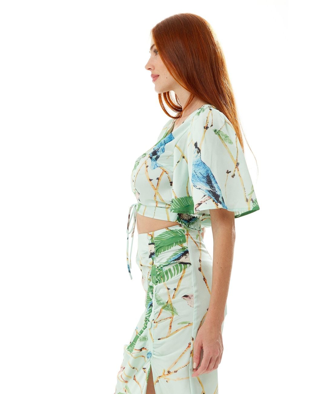 Liquorish Blue Bird Print Ruched Front Crop Top