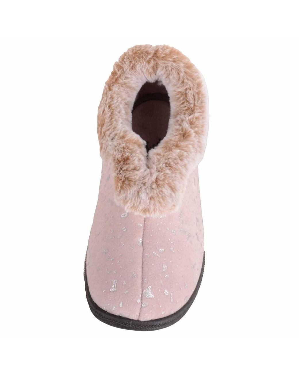 Absolute Footwear Pink Easy Slip On Velour Style Bootee Slipper With Faux Fur Collar