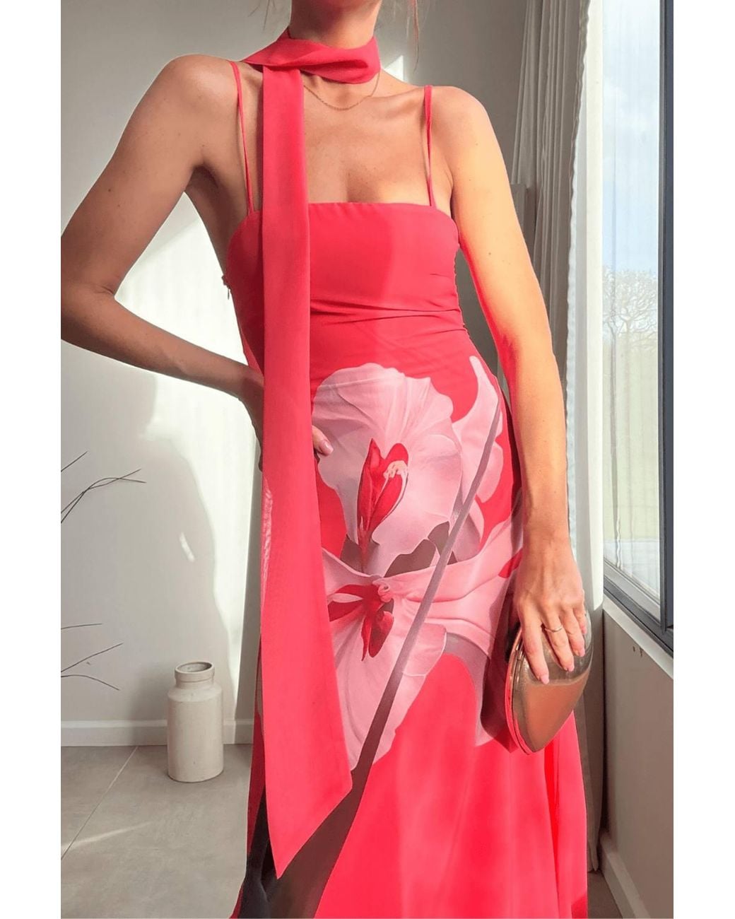 Style Cheat Pink Peony Soft Satin Maxi Dress With Scarf