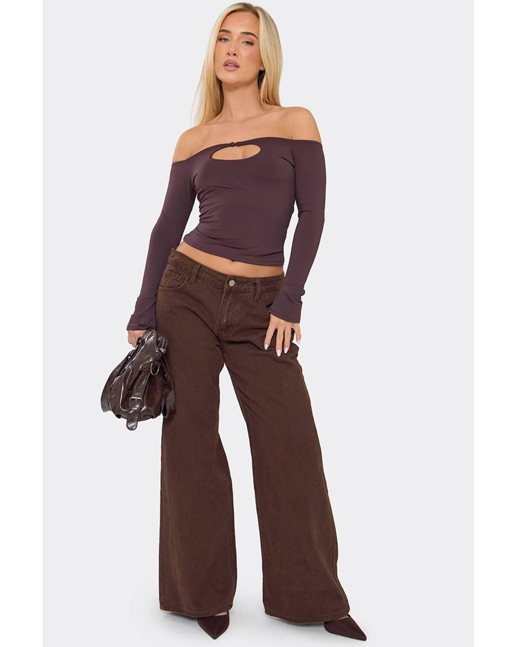 EGO Brown Long Sleeve Button Off-The Shoulder Cut Out Top