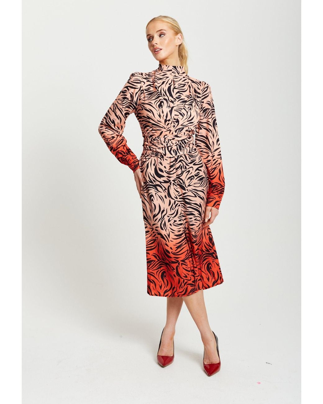 Liquorish Red Zebra Print Midi Dress With High Neck & Draped Waist Detail