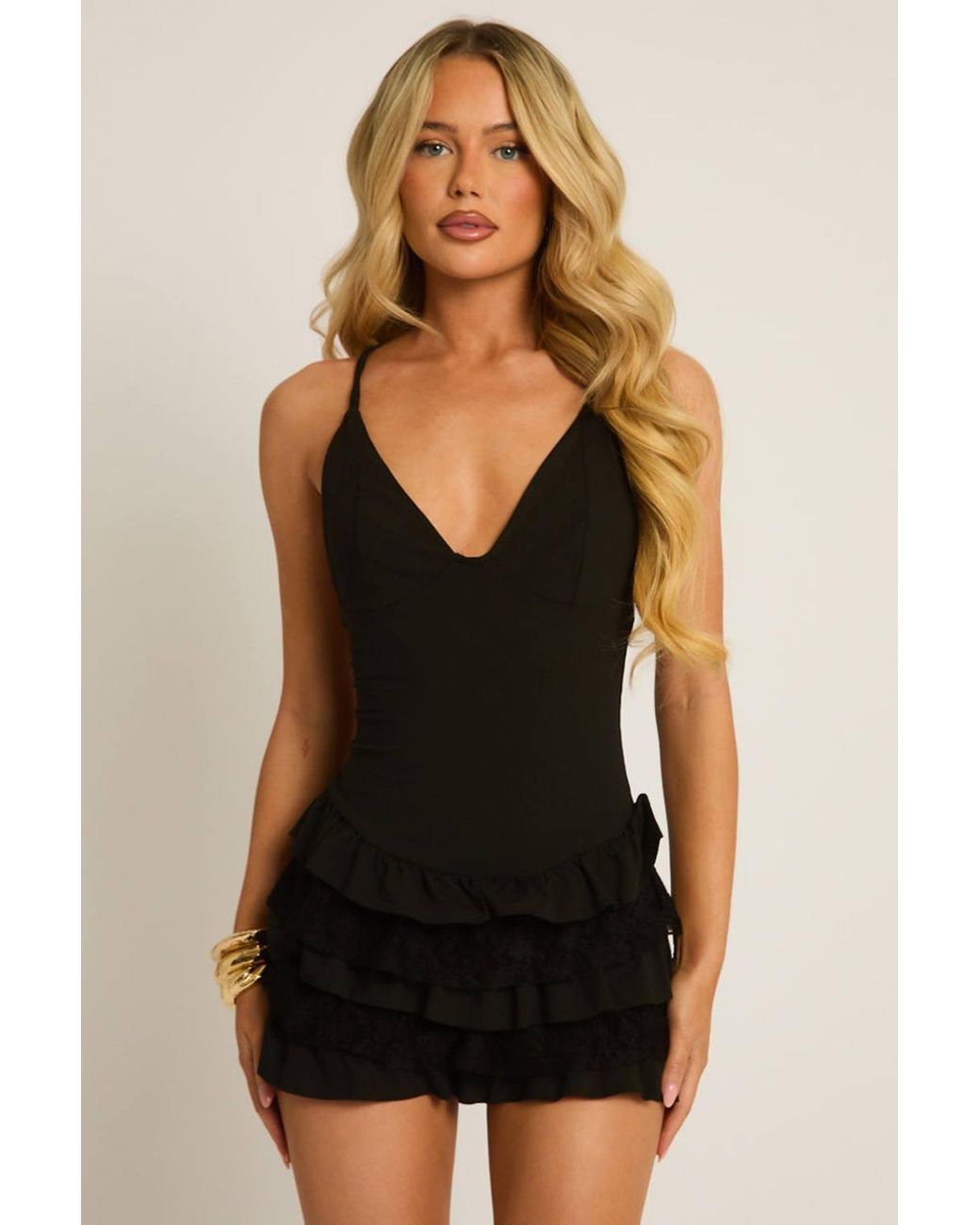 Rebellious Fashion Black Ruffle Lace Detail Strappy Playsuit