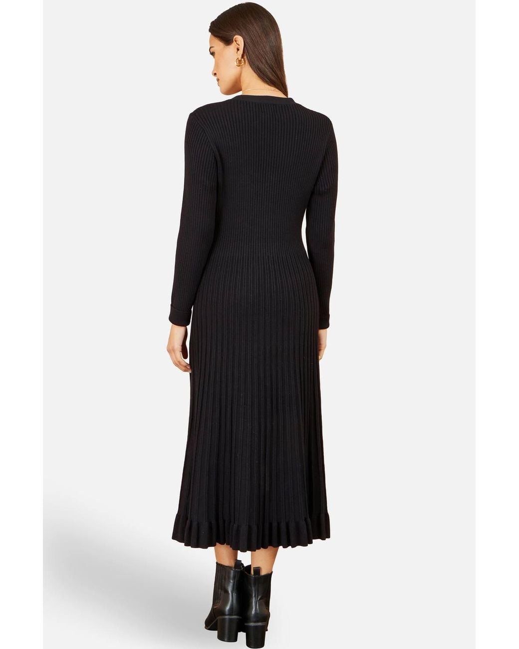 Yumi' Black Viscose Knitted Midi Ribbed Dress
