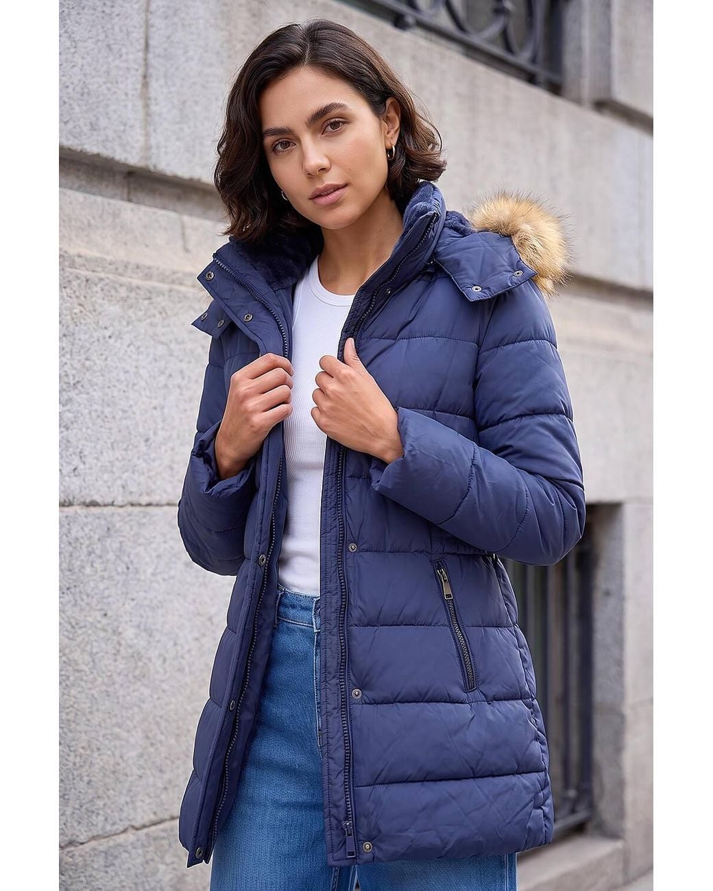 Roman Blue Faux Fur Padded Belt Coat