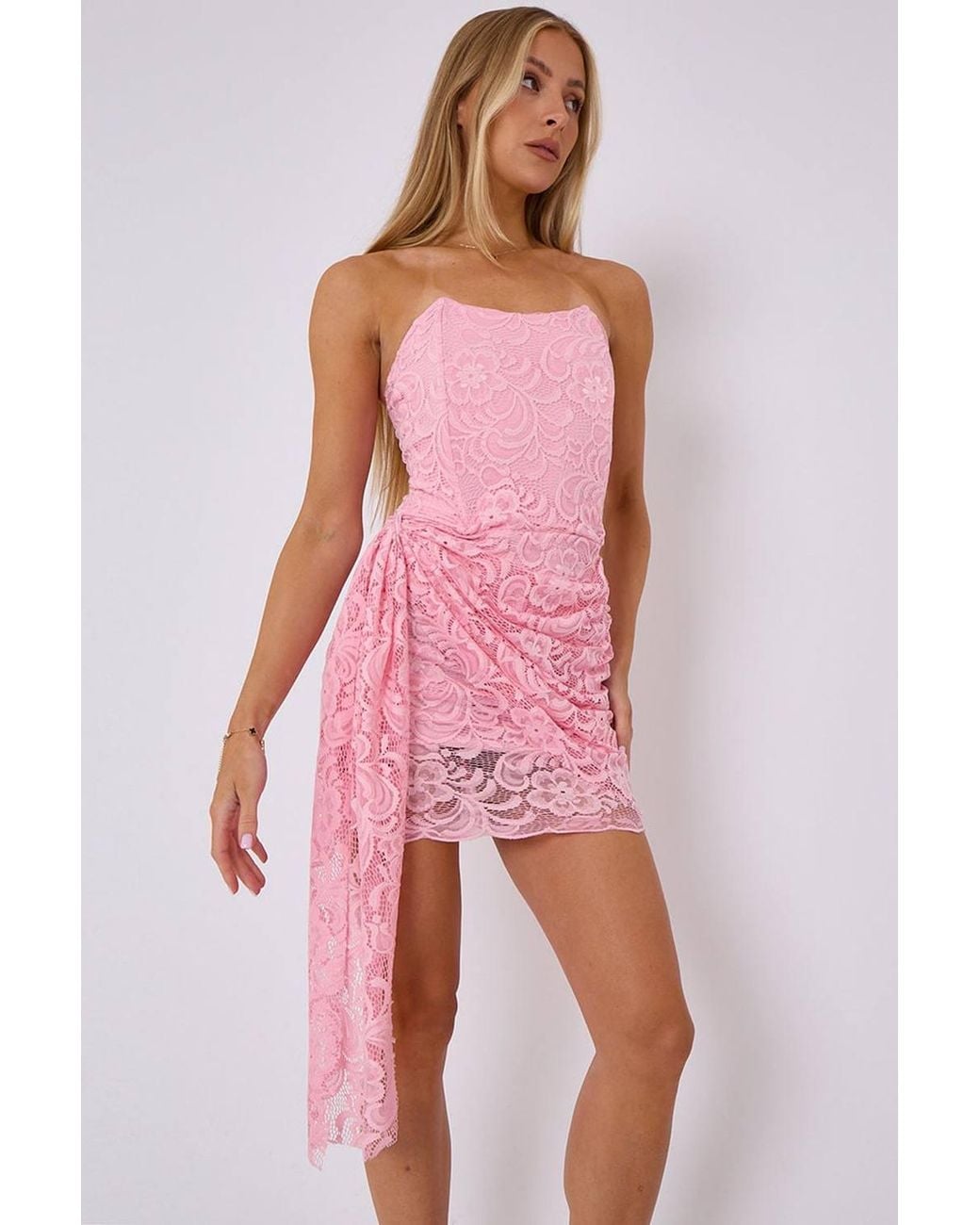 Stylewise Pink Lace Drape Detail Bandeau Bodycon Mini Dress