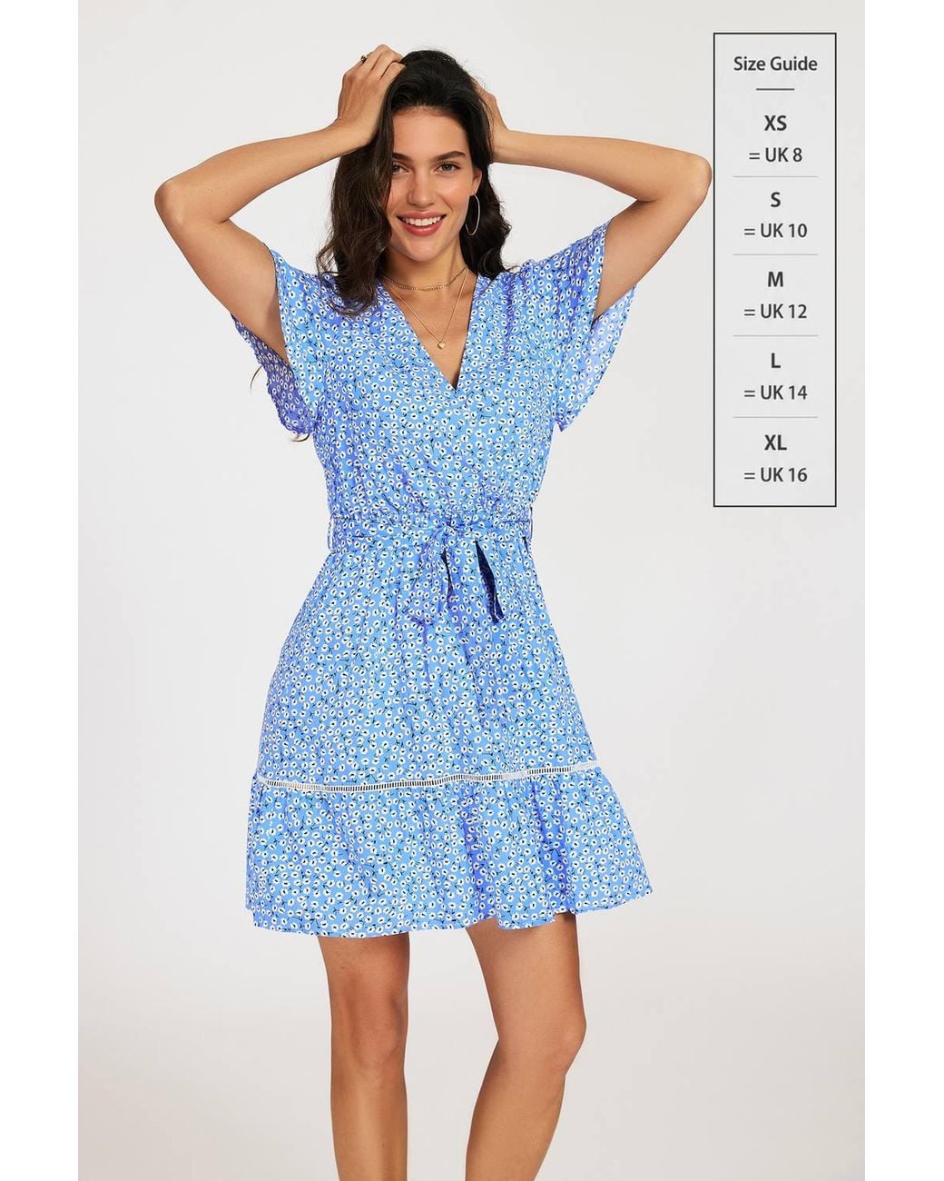 FS Collection Blue Floral Wrap Front Mini Dress With Lace Trim Hem