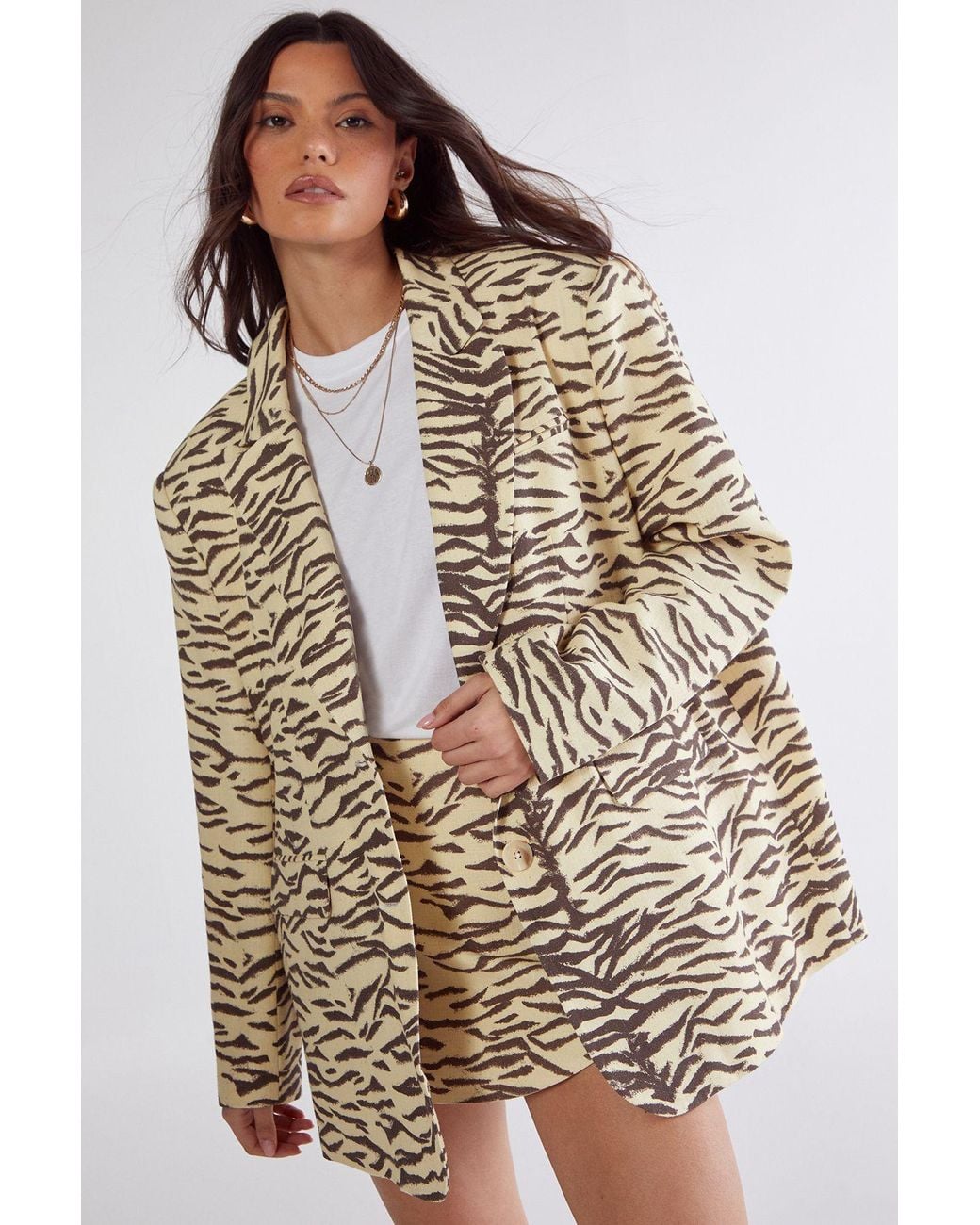 Nasty Gal Natural Zebra Linen Print Oversized Blazer