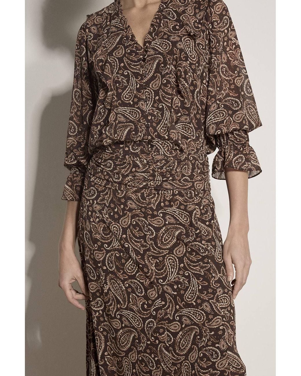Apricot Brown Chiffon Paisley A-Line Midaxi Skirt