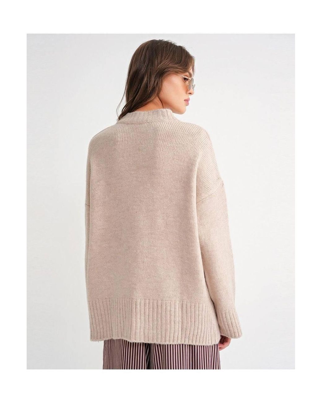 MixRay Natural Oversized Ribbed Knit Sweater With Crew Neck