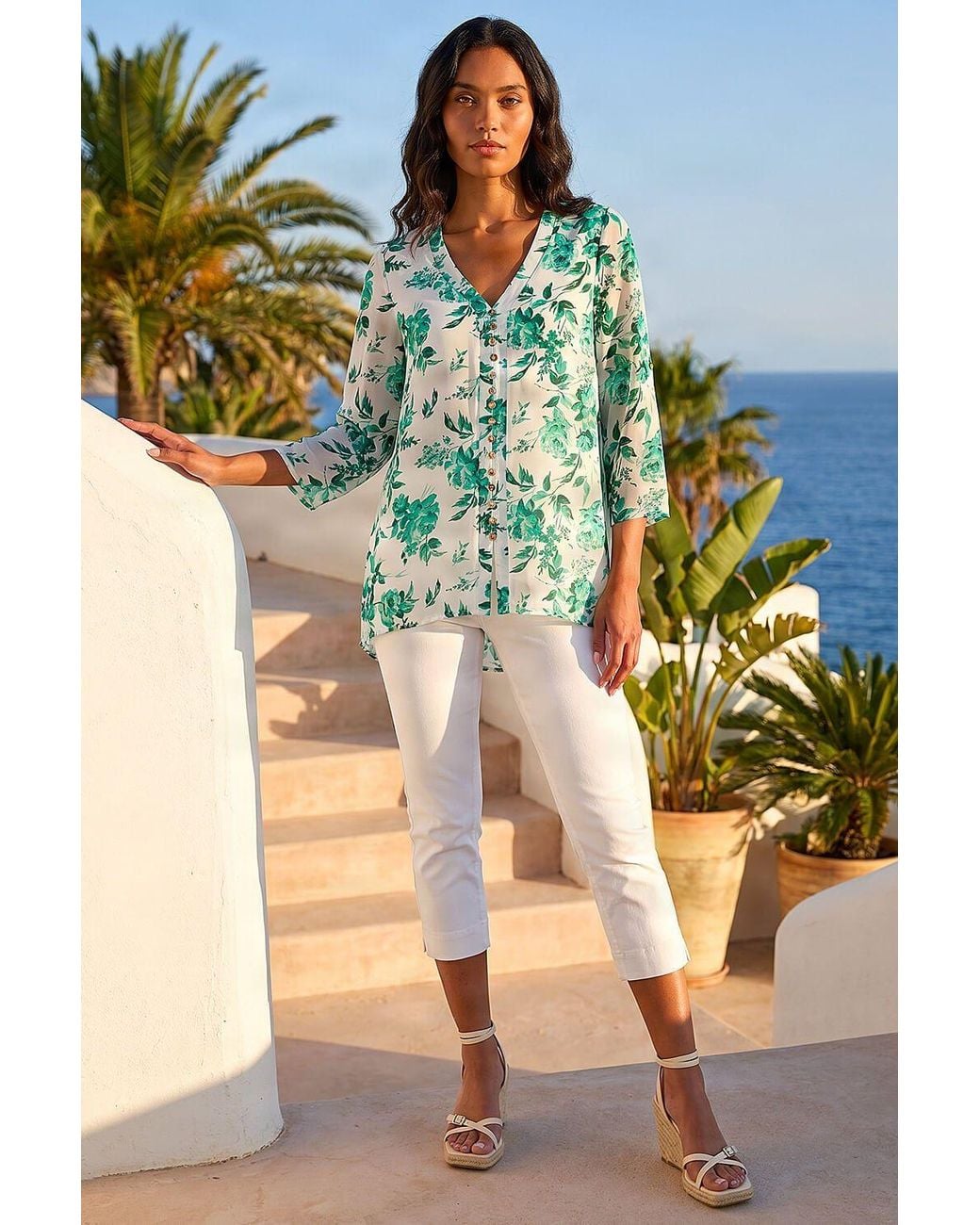 Roman Green Floral Print V-Neck Button Front Top