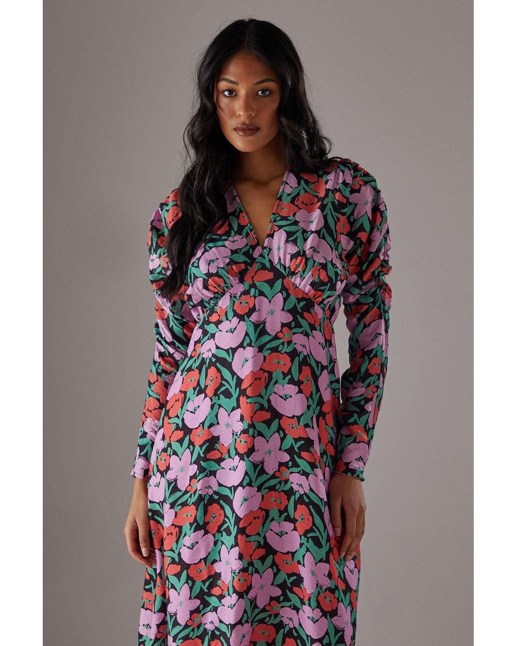 Warehouse Multicolor Viscose V Neck Long Puff Sleeve Midi Dress