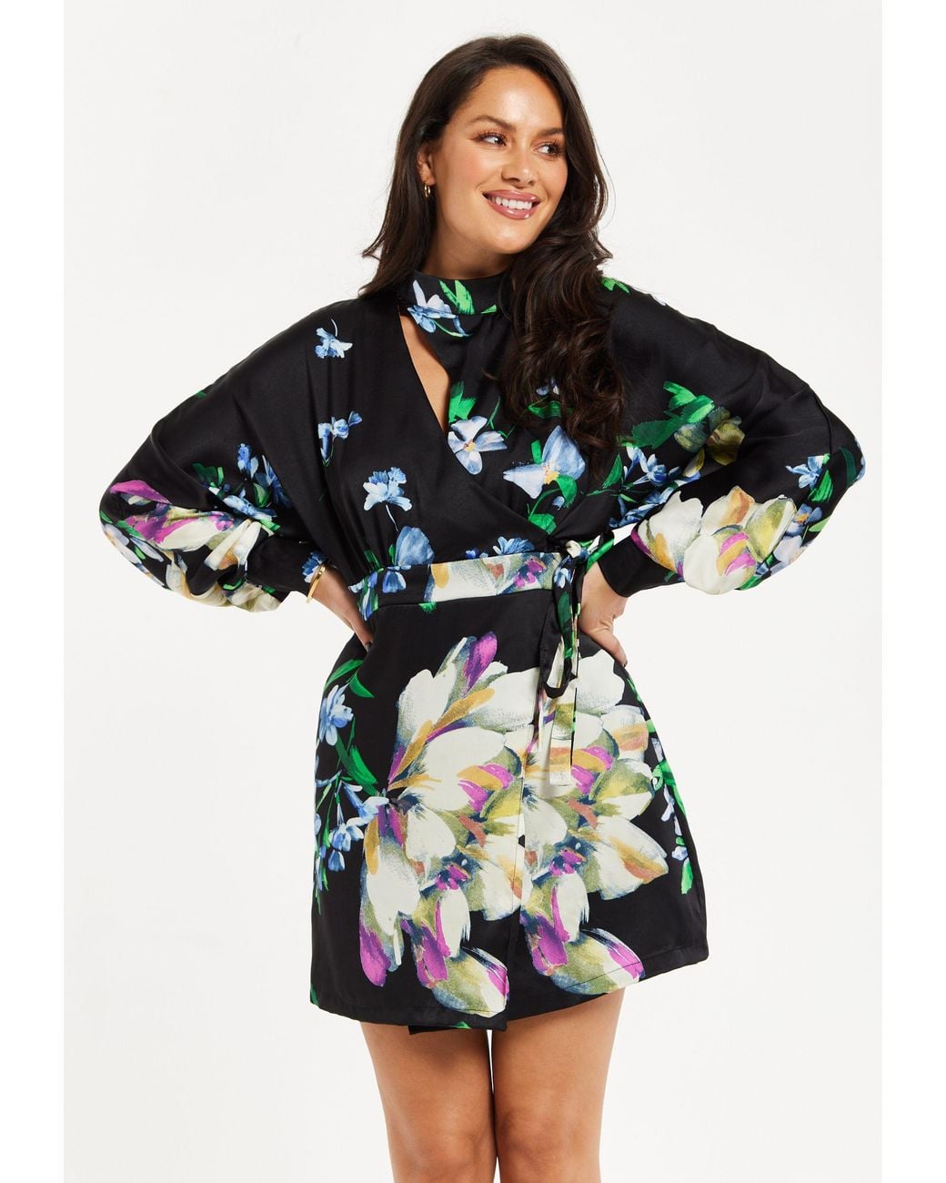 Liquorish Black Elegant Floral Print Mini Wrap Dress With Cut Out Detail