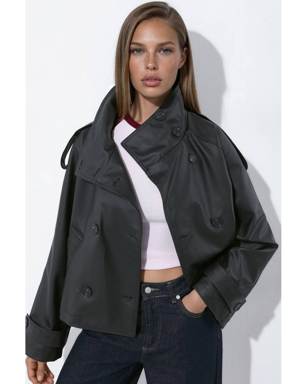 Hiccup Black Short Faux Leather Trench Coat