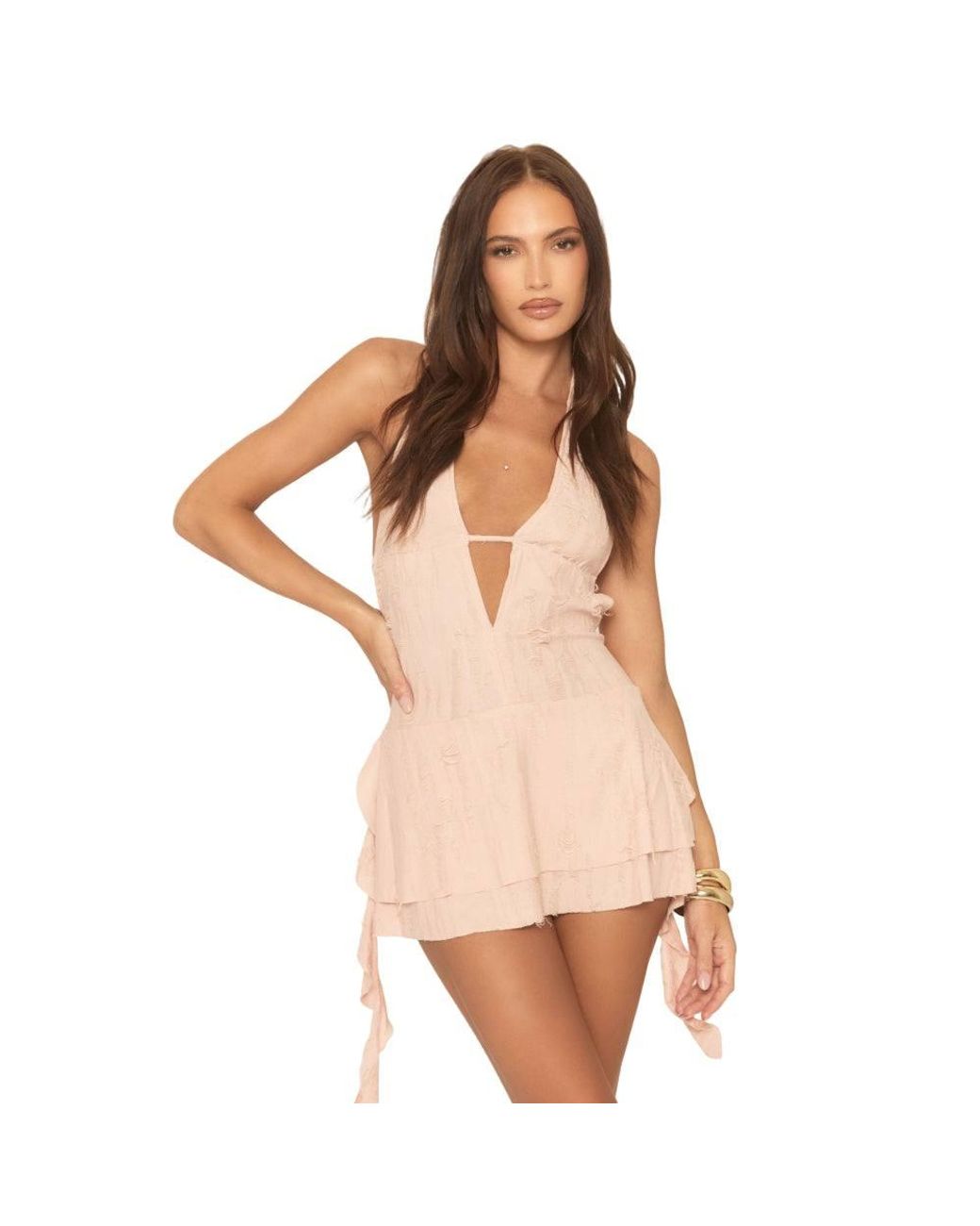Rebellious Fashion Brown Distressed Plunge Mini Dress