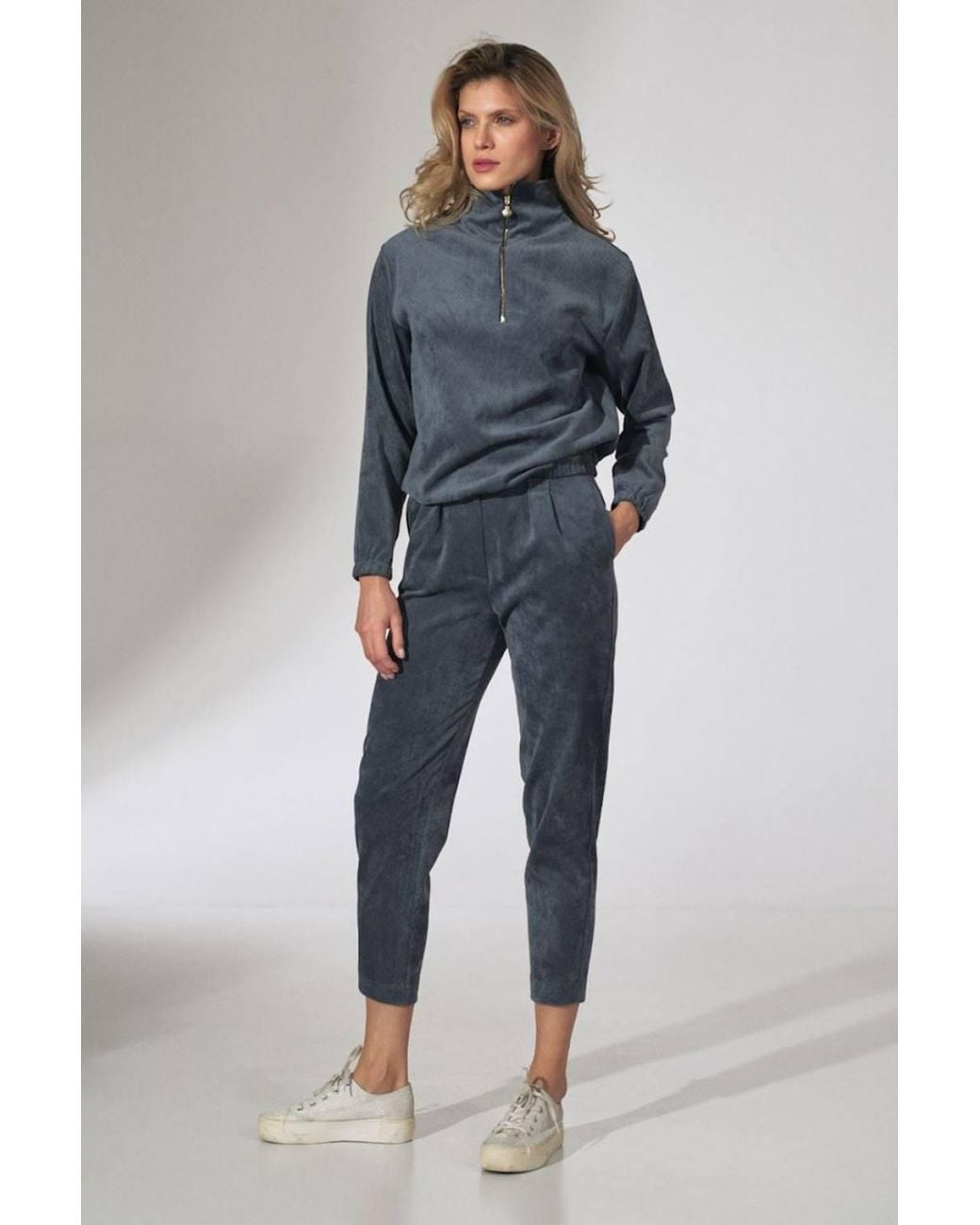 Love Lace Blue Corduroy Blouse Stand Collar Zip Front