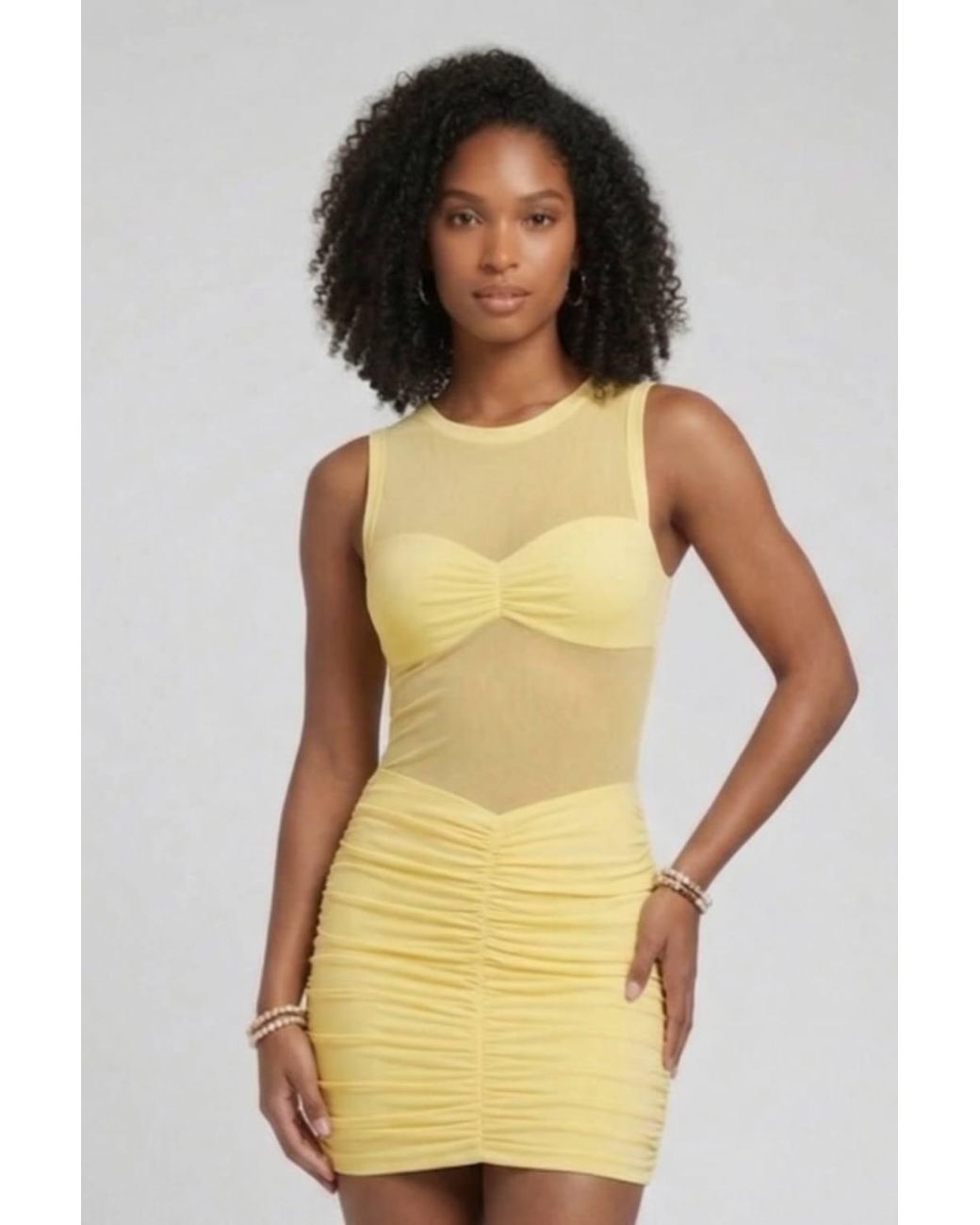 Stylewise Yellow High Neck Mesh Panel Ruched Bodycon Dress