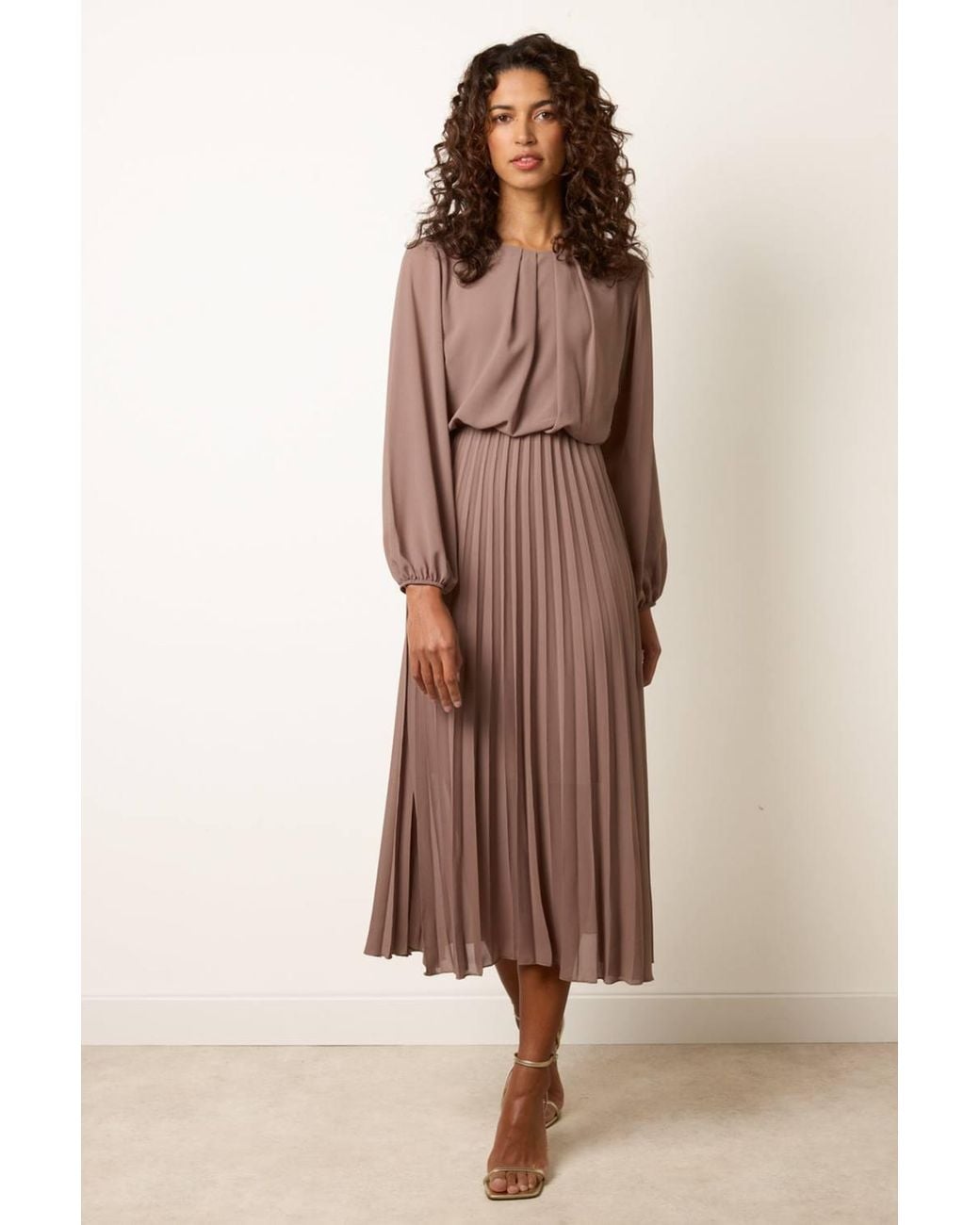 Blue Vanilla Natural Elasticated Waist Long Sleeve Round Neck Midi Dress