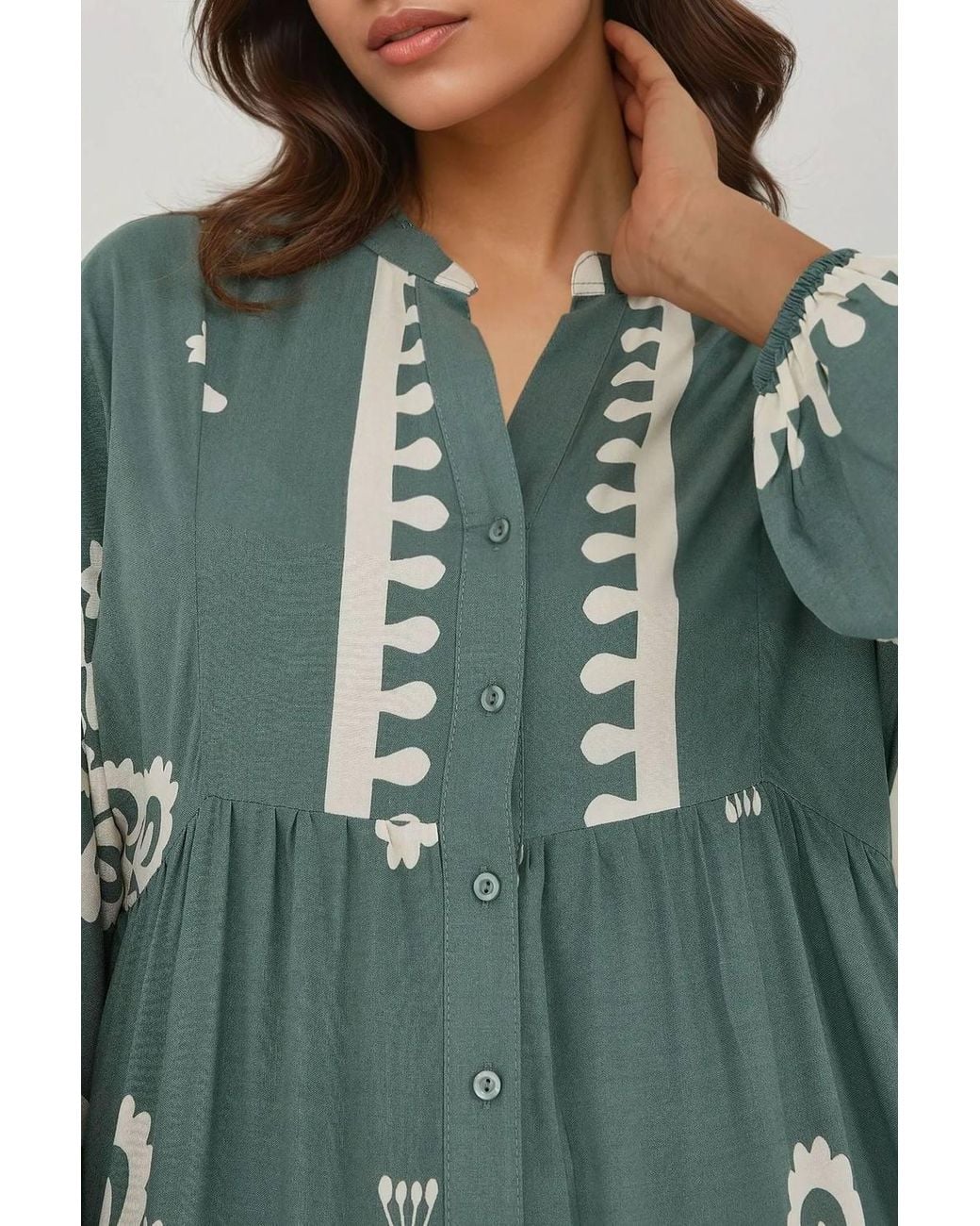 Hiccup Green Printed Long Sleeve Viscose Maxi Dress