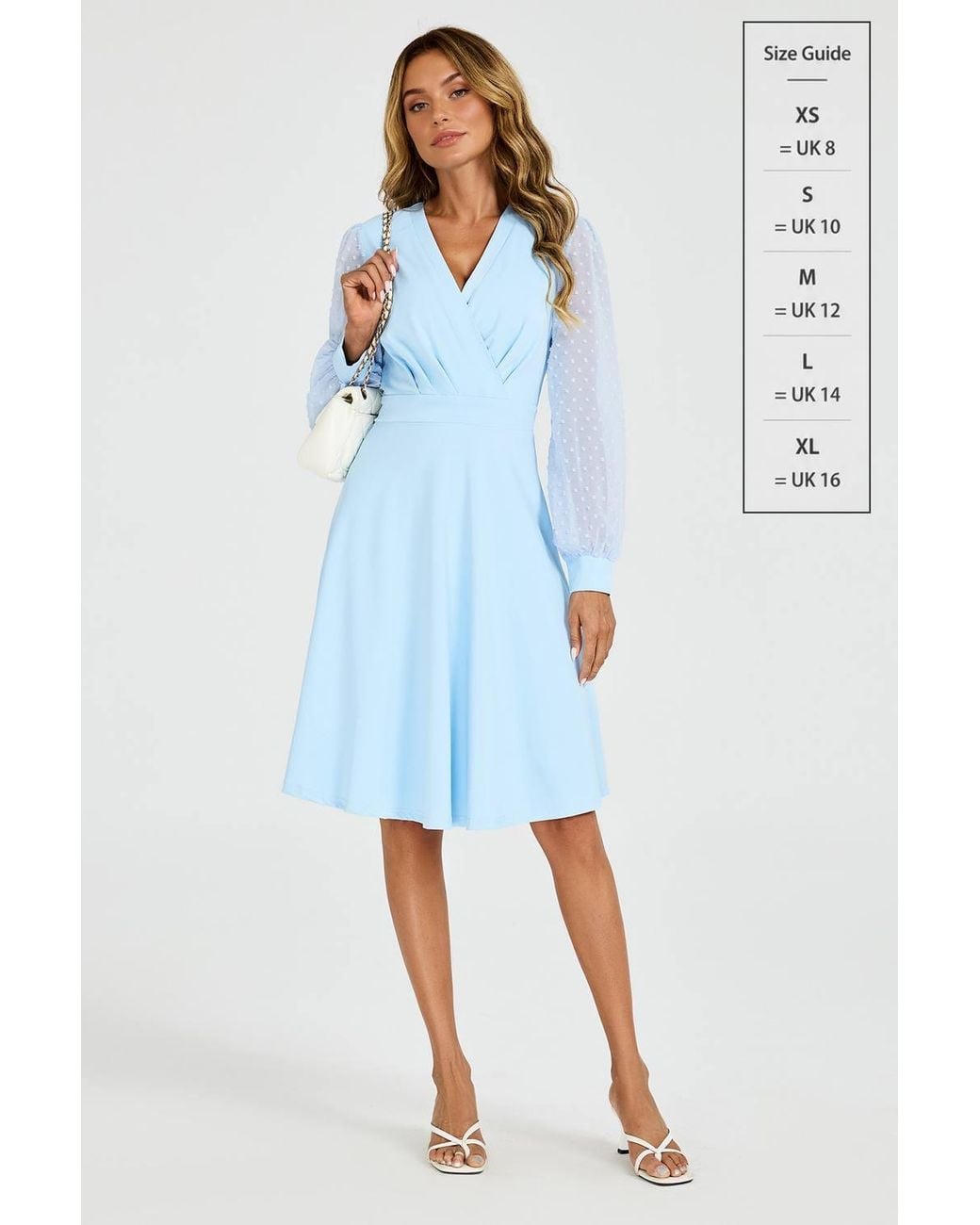FS Collection Blue V Neck Midi Dress With Sheer Long Sleeve
