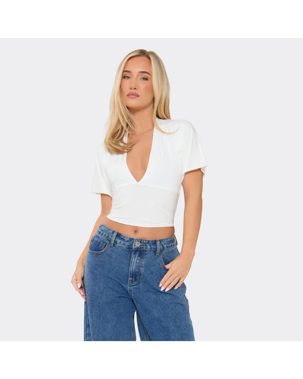 EGO White Short Sleeve Plunging Neckline Top