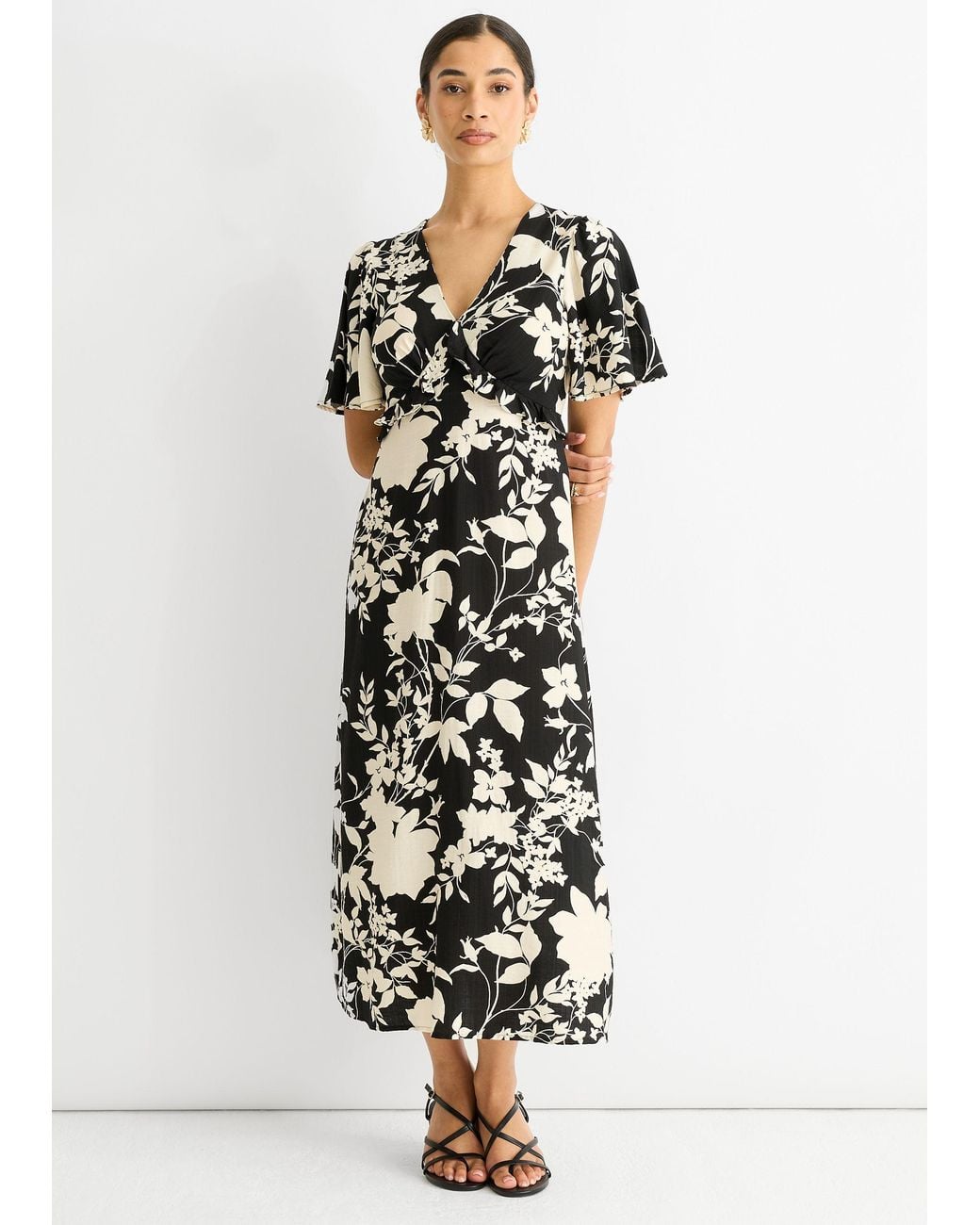 Gini London White Mono Ruffle V Neck Viscose Midi Dress