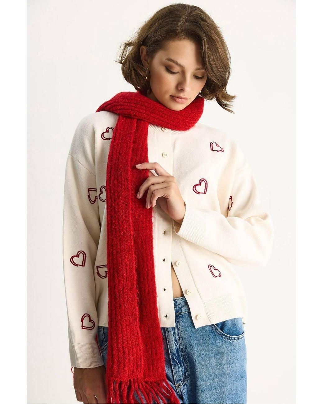 Bianco Lucci Red Long Knitted Cardigan With Button Collar